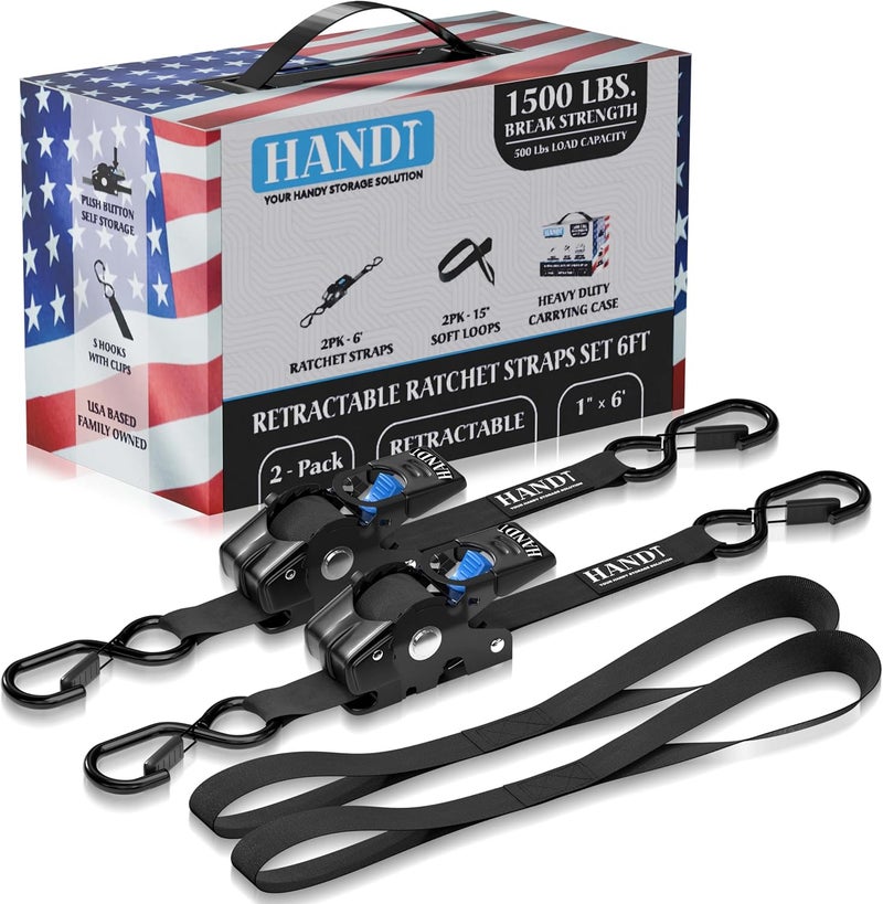 HANDT USA Based Retractable Ratchet Straps (2PK) 1in x 6ft - 1,500lb Break Strength, Heavy Duty Automatic Ratchet Straps Self Retractable Tie Down, Push Button Retracting Truck Trailer Cargo | Black - Image 1